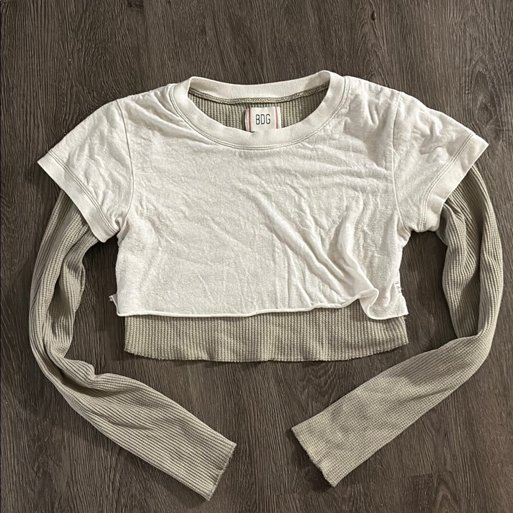 BDG White and Gray Layered Long Sleeve Crop Top